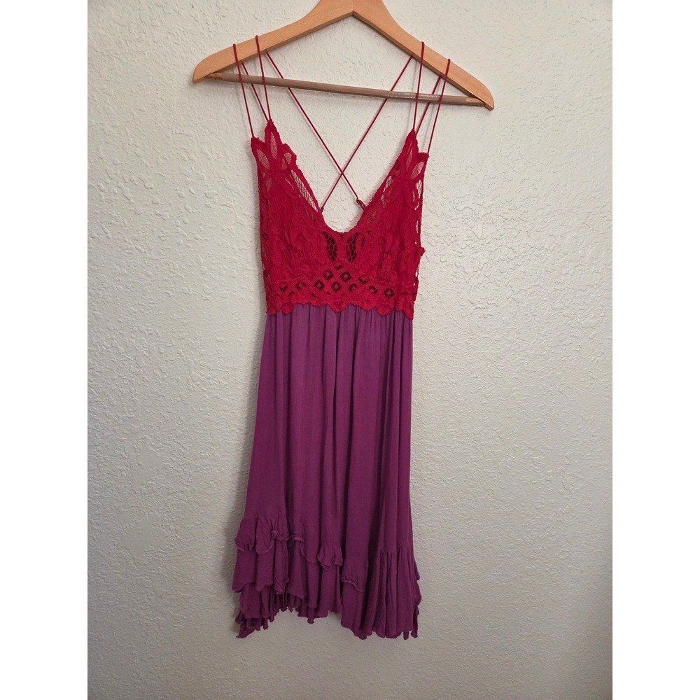 Free People Red Lace Bodice Purple Ruffled Hem Mini‎ Dress Spaghetti Straps